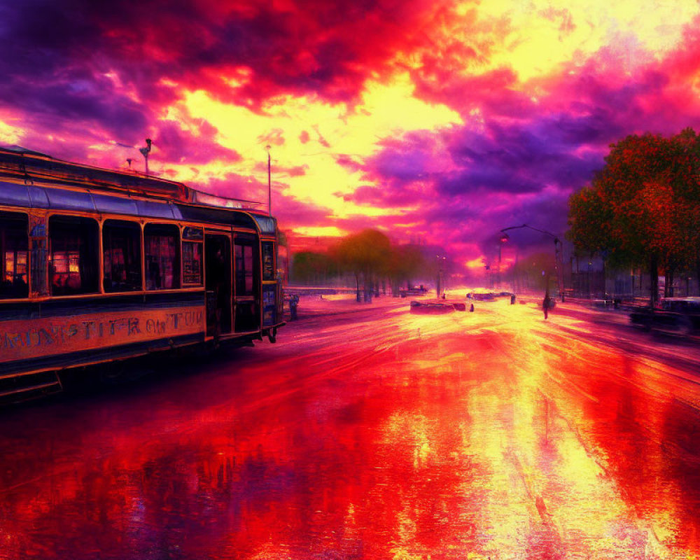 Tram moving under vibrant purple and orange sunset sky