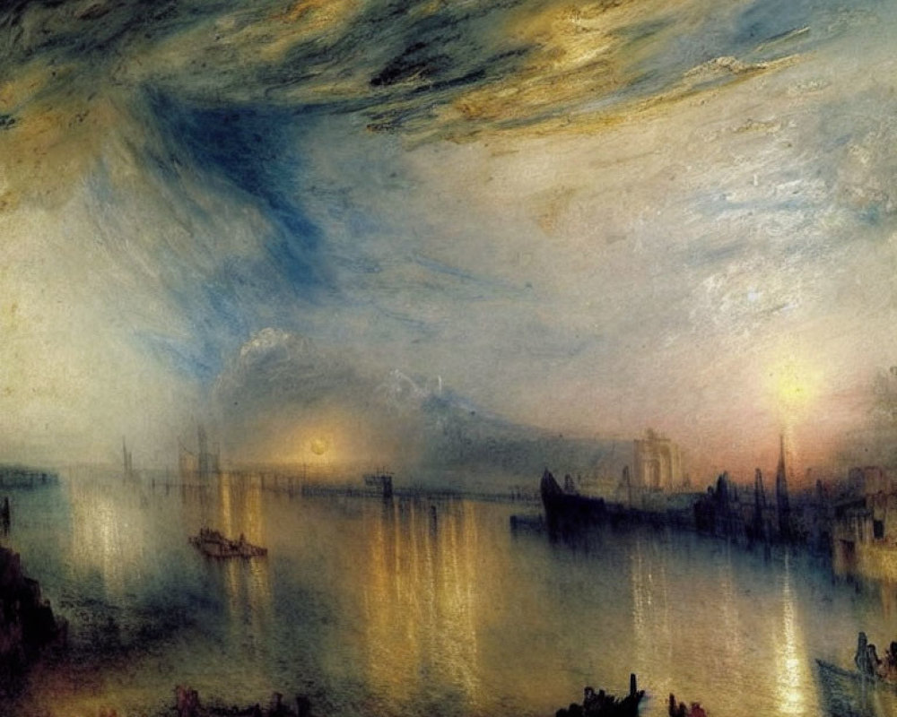 Romantic-era painting of dramatic sunset over riverbank