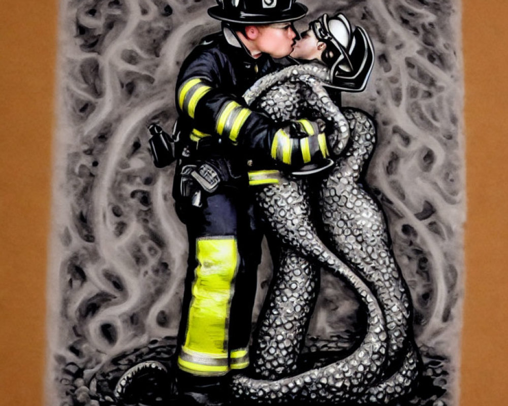 Firefighter kissing female snake in smoky setting