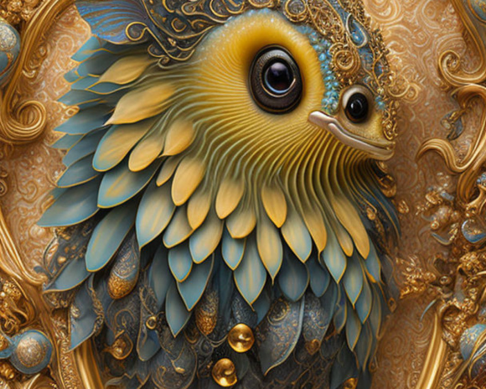 Golden owl with baroque-style embellishments and jewels