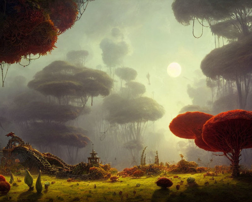 Mystical forest with oversized mushrooms, ethereal glow, ancient ruins, and hazy sky