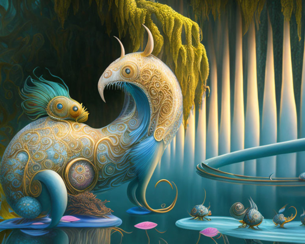 Fantastical image of mythical snail-like creatures in enchanted forest