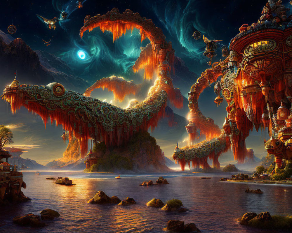 Colossal Red Dragon in Fantastical Dusk Landscape