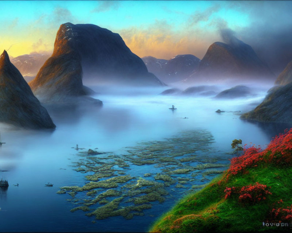 Misty Waters Landscape with Boat, Red Foliage, and Sunrise Glow