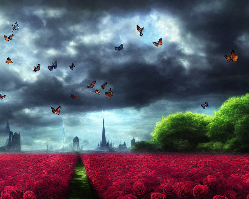 Scenic path through red roses with butterflies and gothic architecture.