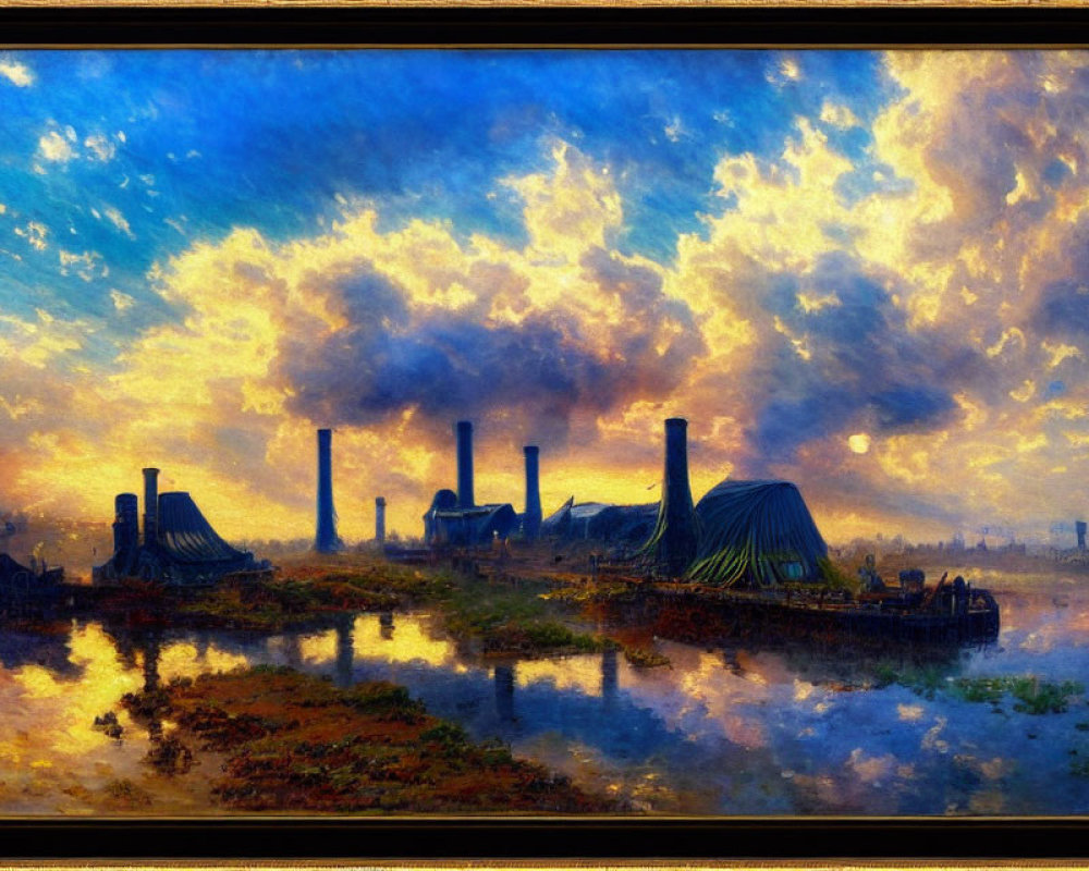 Industrial Smokestacks Painting at Sunrise or Sunset Reflecting on Water