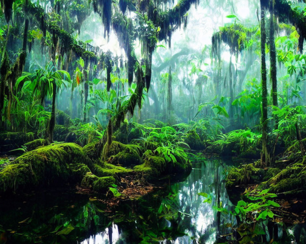 Serene water body in lush green rainforest