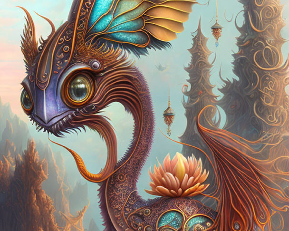 Colorful fantastical creature with large wings in surreal landscape