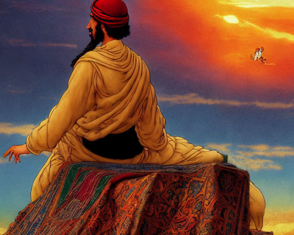 Bearded man in traditional attire gazes at sunset with horse rider in the distance