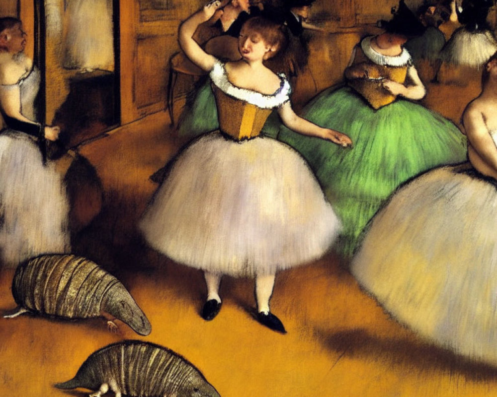 Dancers in White and Green Dresses with Armadillos in Room