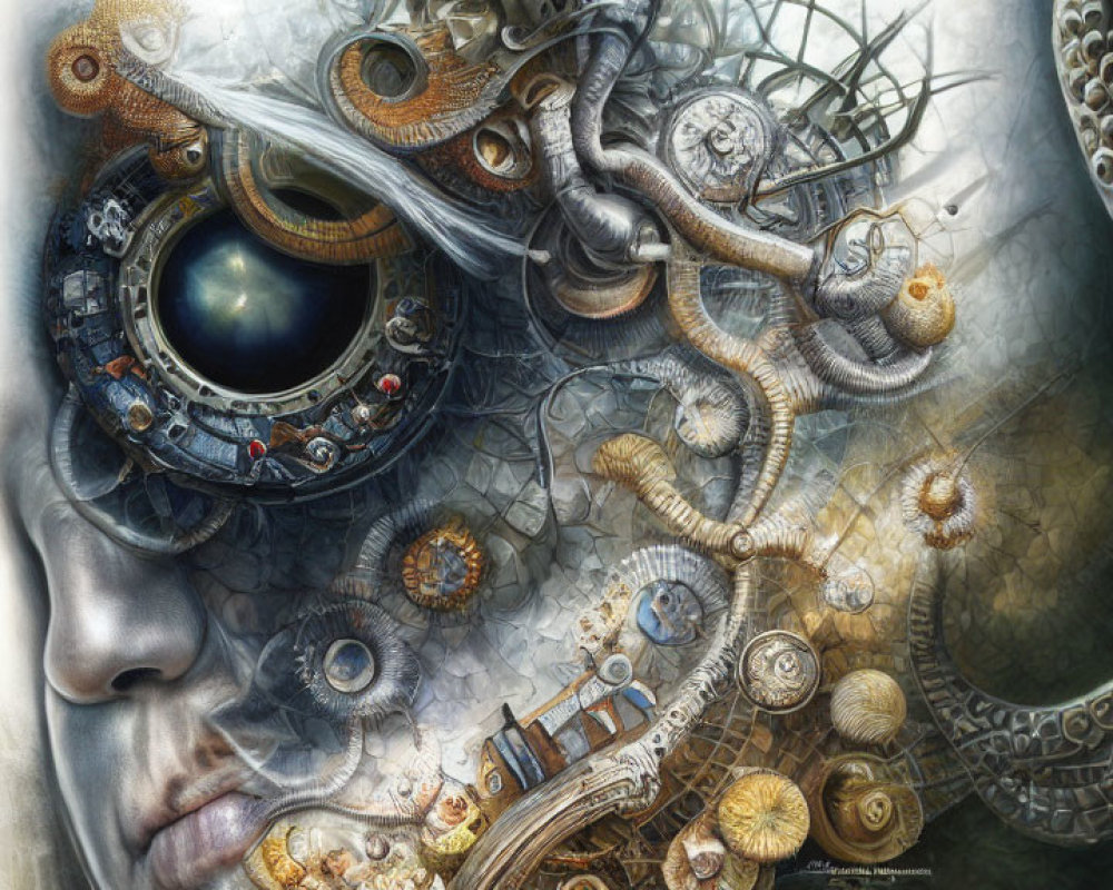 Surreal biomechanical portrait with human face and eyepiece