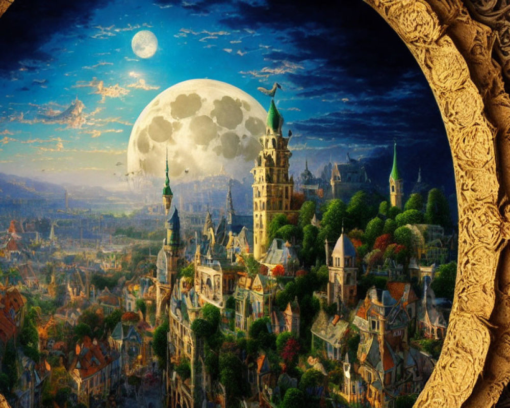 Fantastical cityscape in ornate frame with towers and spires under moonlit sky