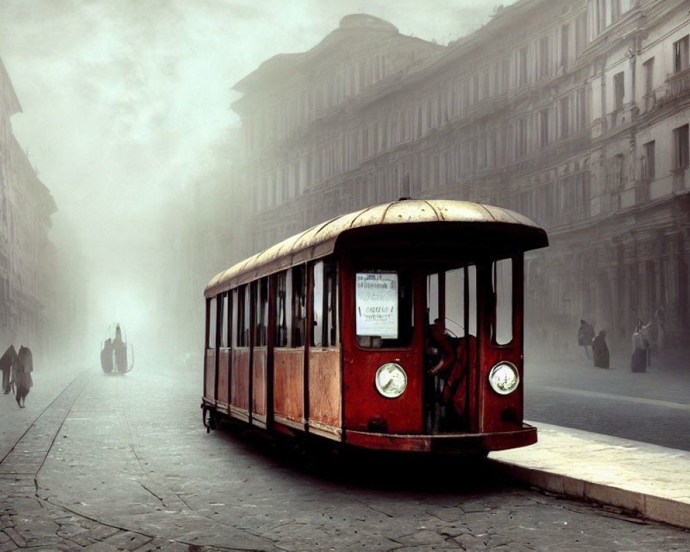 Vintage tram on misty old city streets with pedestrians - nostalgic scene