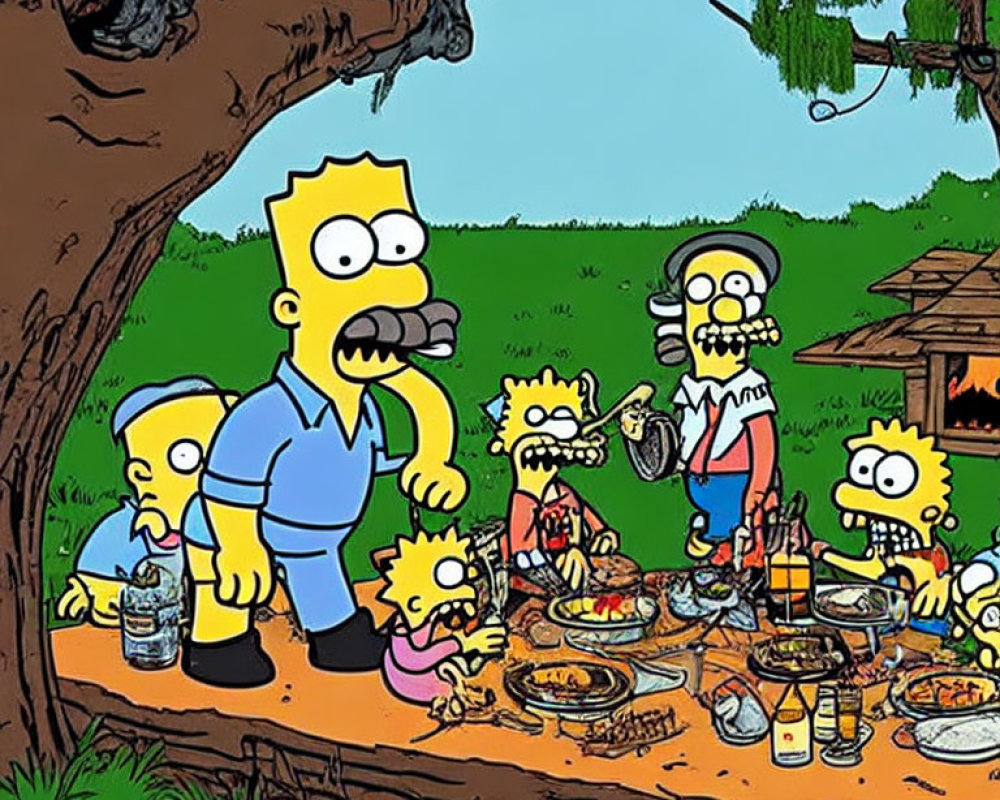 Surprised man at messy family picnic in green setting