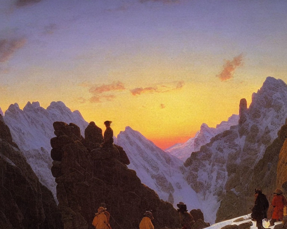 Travelers on Mountain Pass at Sunset with Vibrant Skies and Jagged Peaks