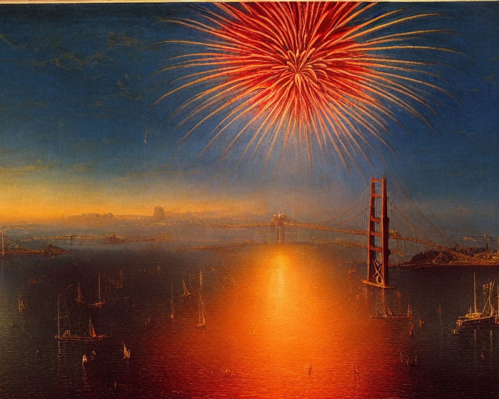 Colorful fireworks display above suspension bridge at dusk, reflecting on water with city skyline.