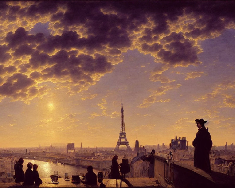 Sunset painting of Paris with Eiffel Tower and silhouetted figures