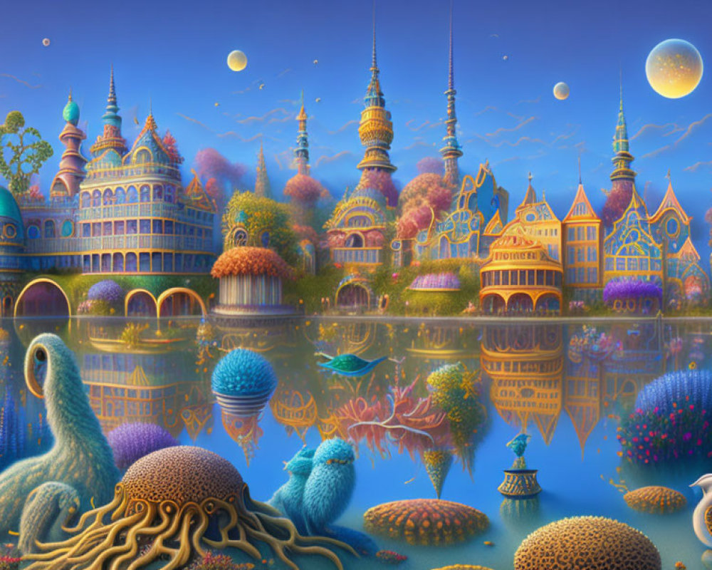 Colorful Fantasy Landscape with Whimsical Architecture and Serene Lake