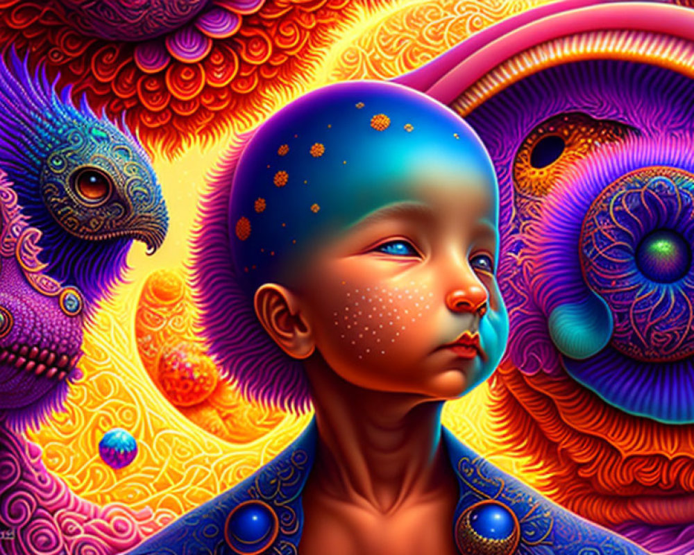 Colorful digital artwork: Child with starry bald head in psychedelic fantasy scene