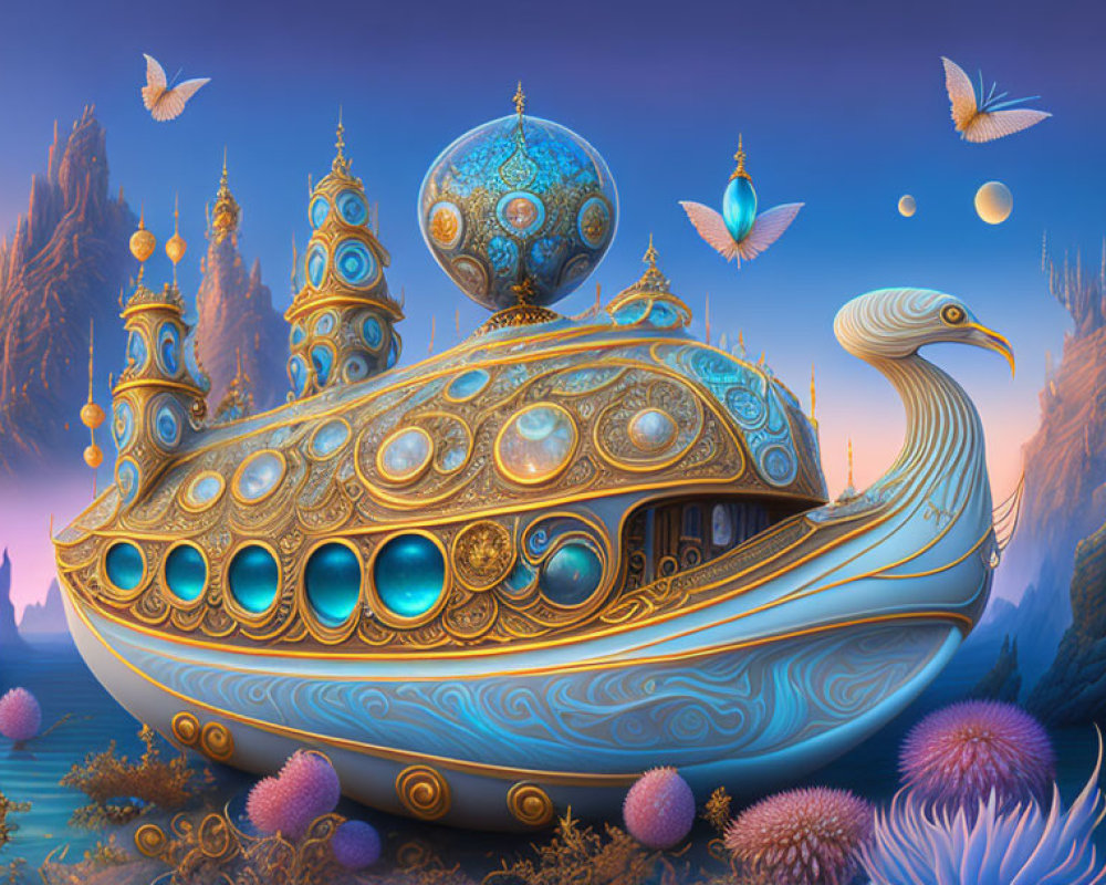 Fantastical ship with bird-like prow in surreal landscape with floating islands, ornate towers, and