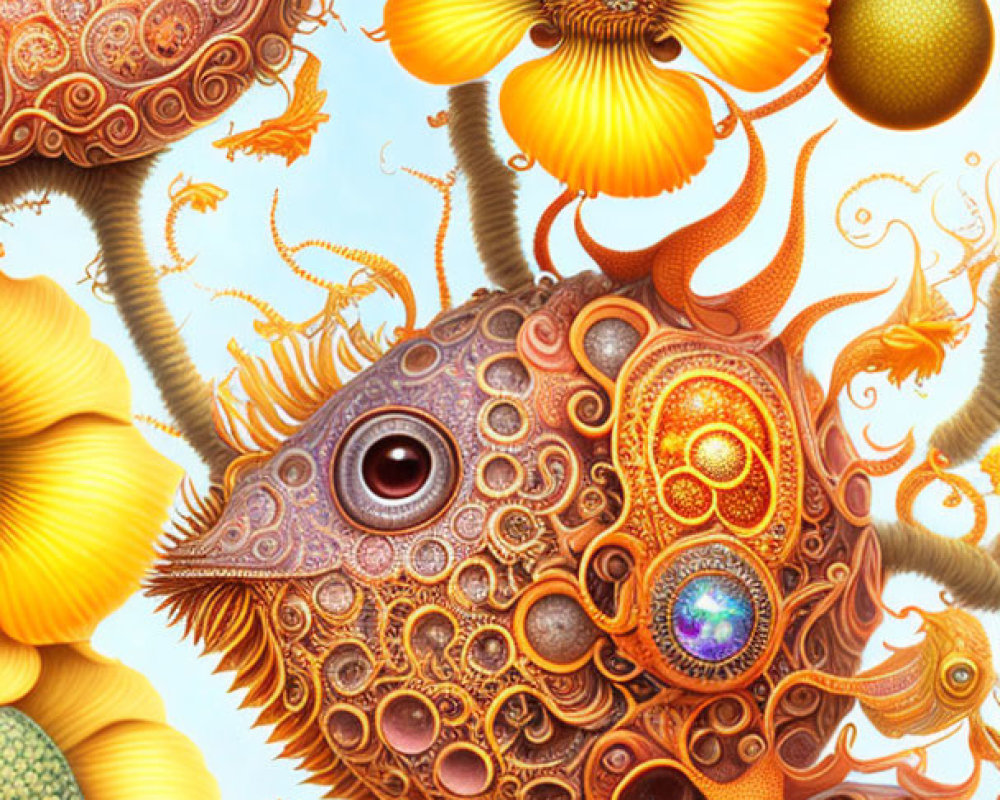 Intricate surreal artwork: ornate fish-like creatures, swirling patterns, and warm golden tones