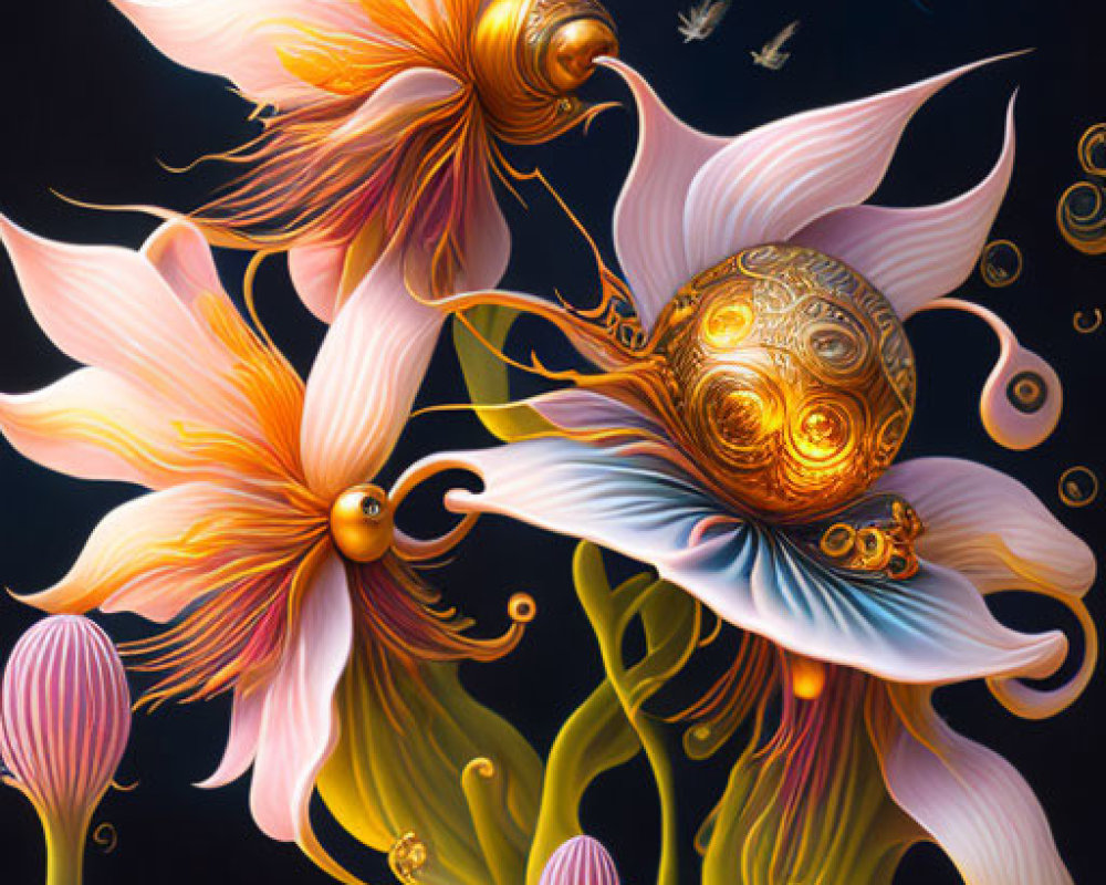 Colorful digital artwork of oversized flowers, golden filigree, orbs, and surreal fish creature