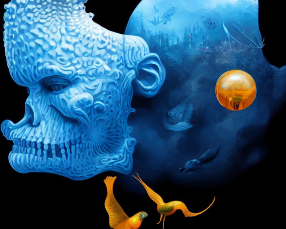 Surreal blue faces morph into underwater scene with fish and vibrant orange fish swimming.