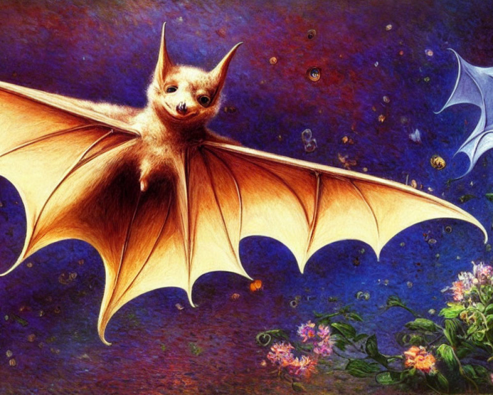 Colorful cute bat illustration with spread wings and flowers