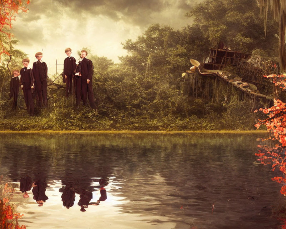 Four People in Black Attire by Serene Lake in Autumnal Forest