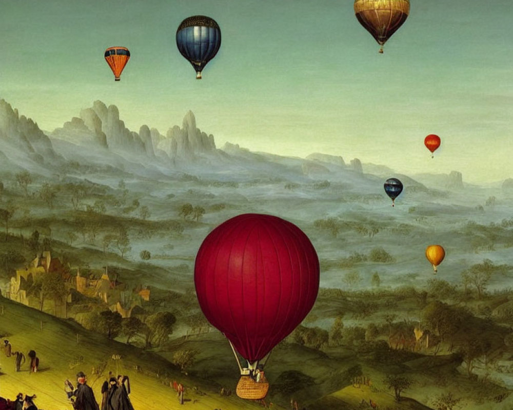 Scenic landscape with hot air balloons over hills and mountains