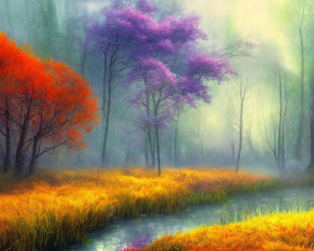 Colorful Misty Landscape with Stream and Vibrant Foliage