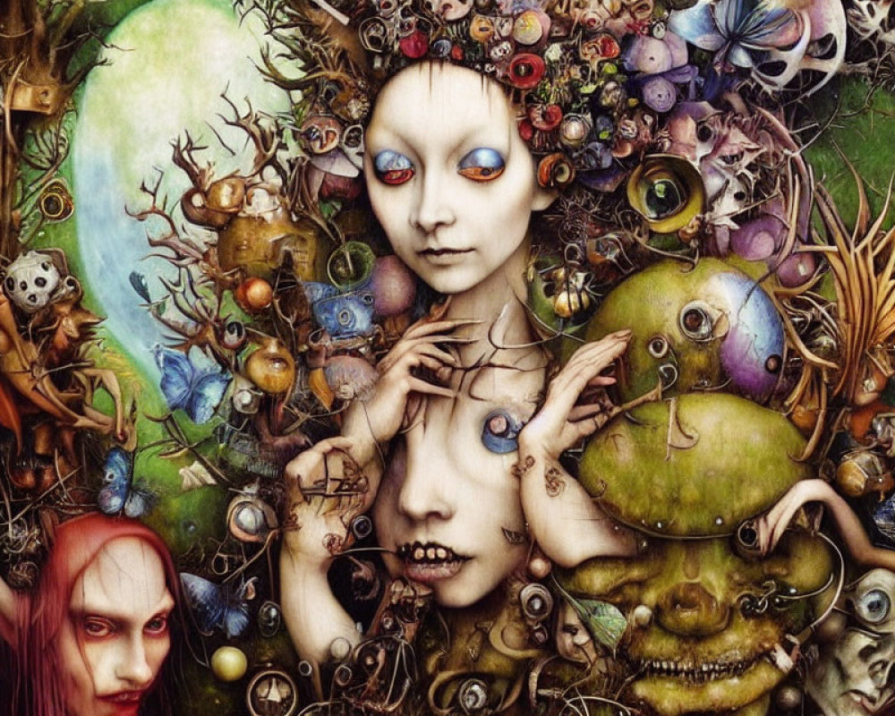 Surreal artwork with central figure, pale blue eyes, fantastical elements