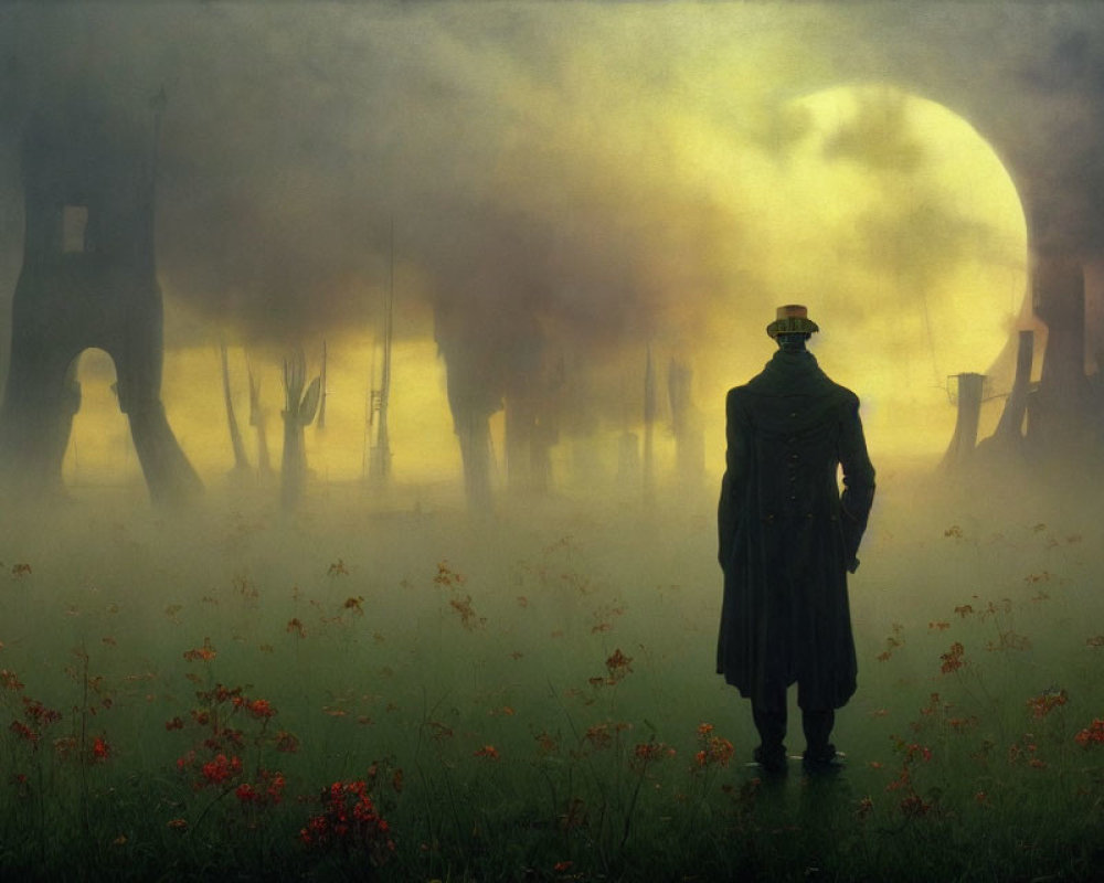 Misty forest scene with figure in hat and coat, red flowers, and glowing moon