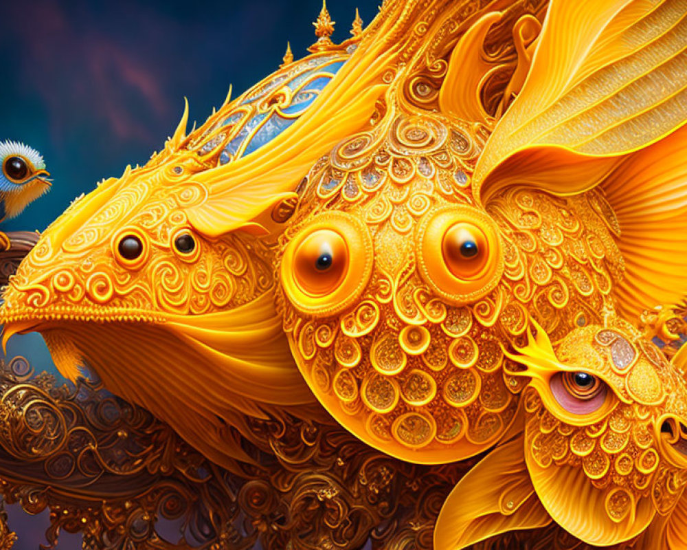 Colorful digital artwork: Gold ornate fish with intricate patterns and feathers on blue background.