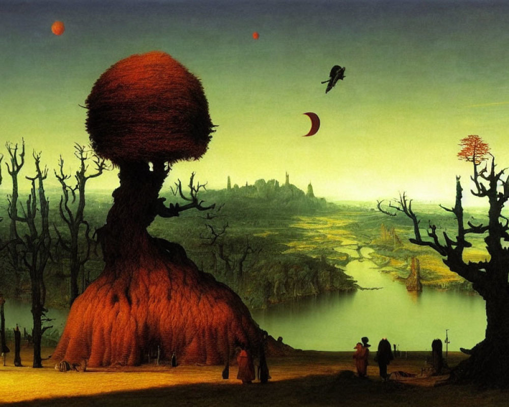 Surreal landscape with tree-like figure, castle, river, human figures, and twin moons