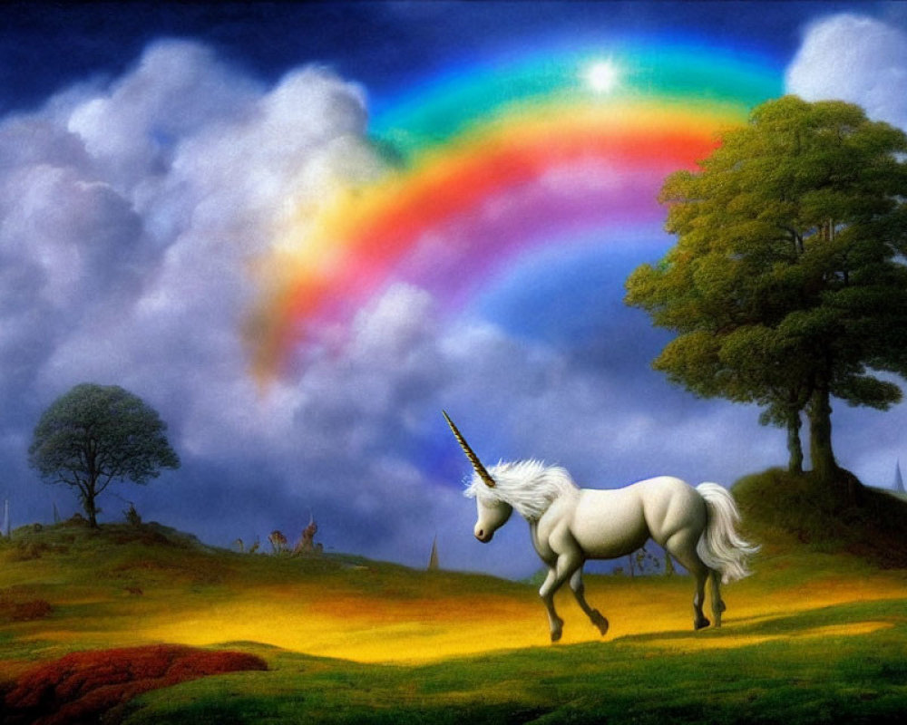 White unicorn with spiraled horn in vibrant, mythical landscape