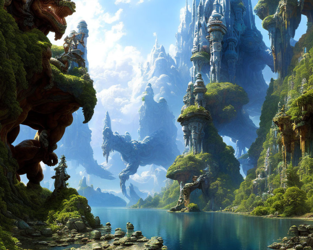 Mystical landscape with towering spires and serene lake