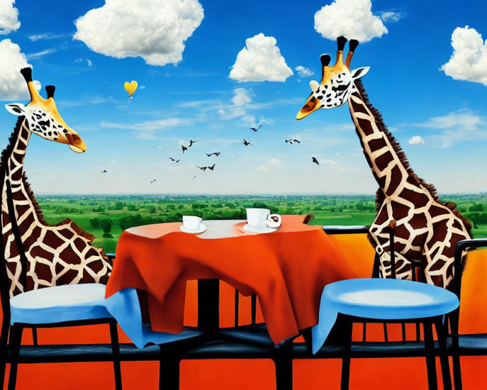 Giraffes at table with landscape view, birds, heart-shaped balloons