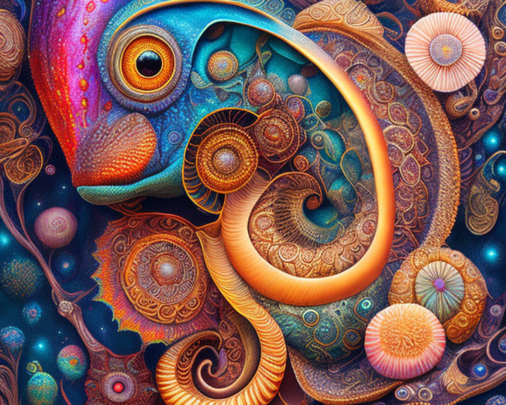 Colorful Psychedelic Chameleon Artwork with Spiral Patterns