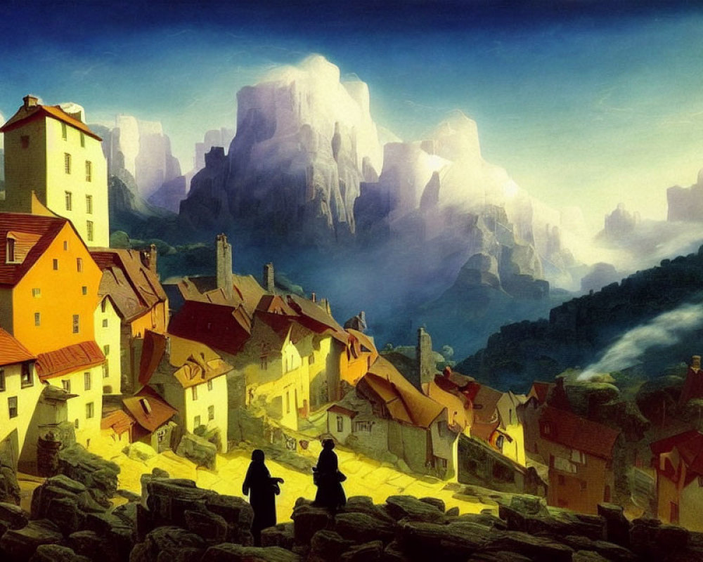 Colorful village with misty mountains and silhouetted figures in yellowish sky