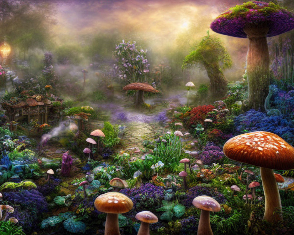 Enchanting forest scene with oversized mushrooms, cobblestone path, vibrant plants, fog, and