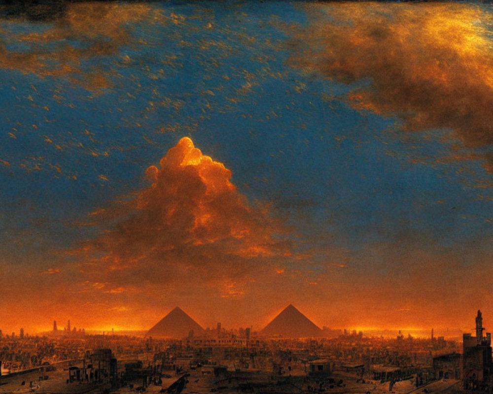 Vivid painting of Cairo skyline with pyramids against colorful sky