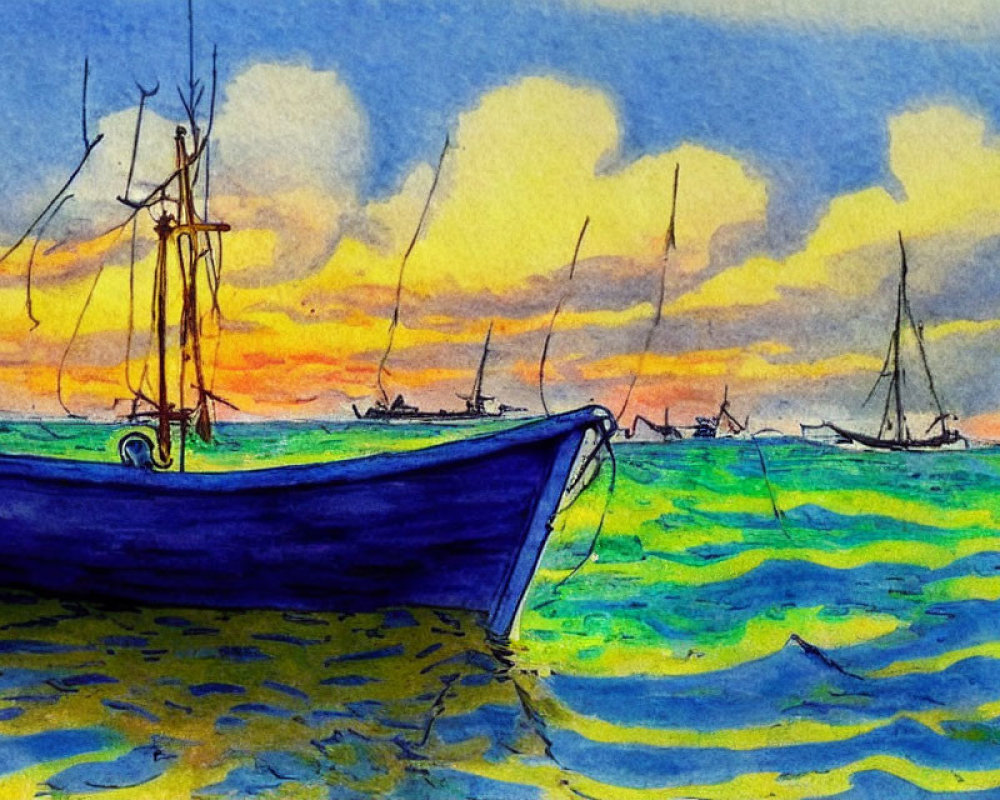 Vibrant watercolor painting of blue boat on choppy waters at sunset