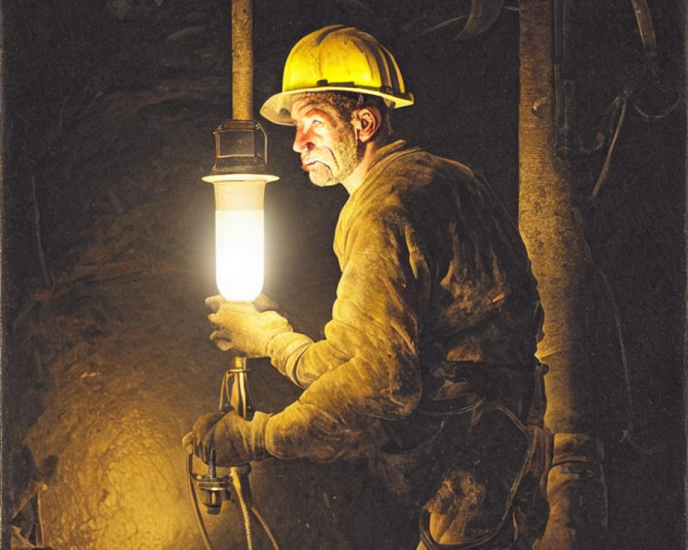 Miner with hard hat and headlamp in dark tunnel, face covered in dust