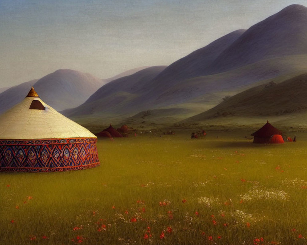 Traditional yurts in lush field with mountains and white smoke