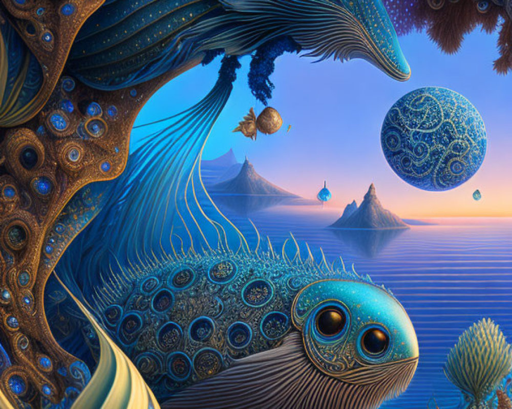 Ornate fish-like creature in surreal ocean scene with floating islands