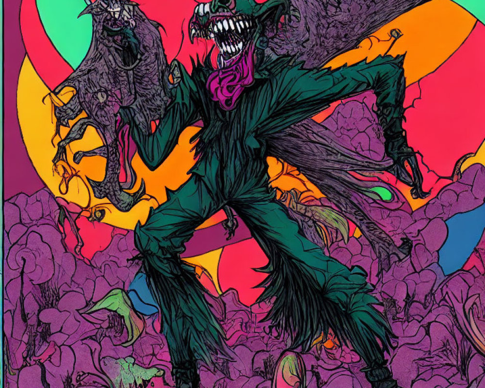 Colorful Psychedelic Monster Illustration with Roaring Heads