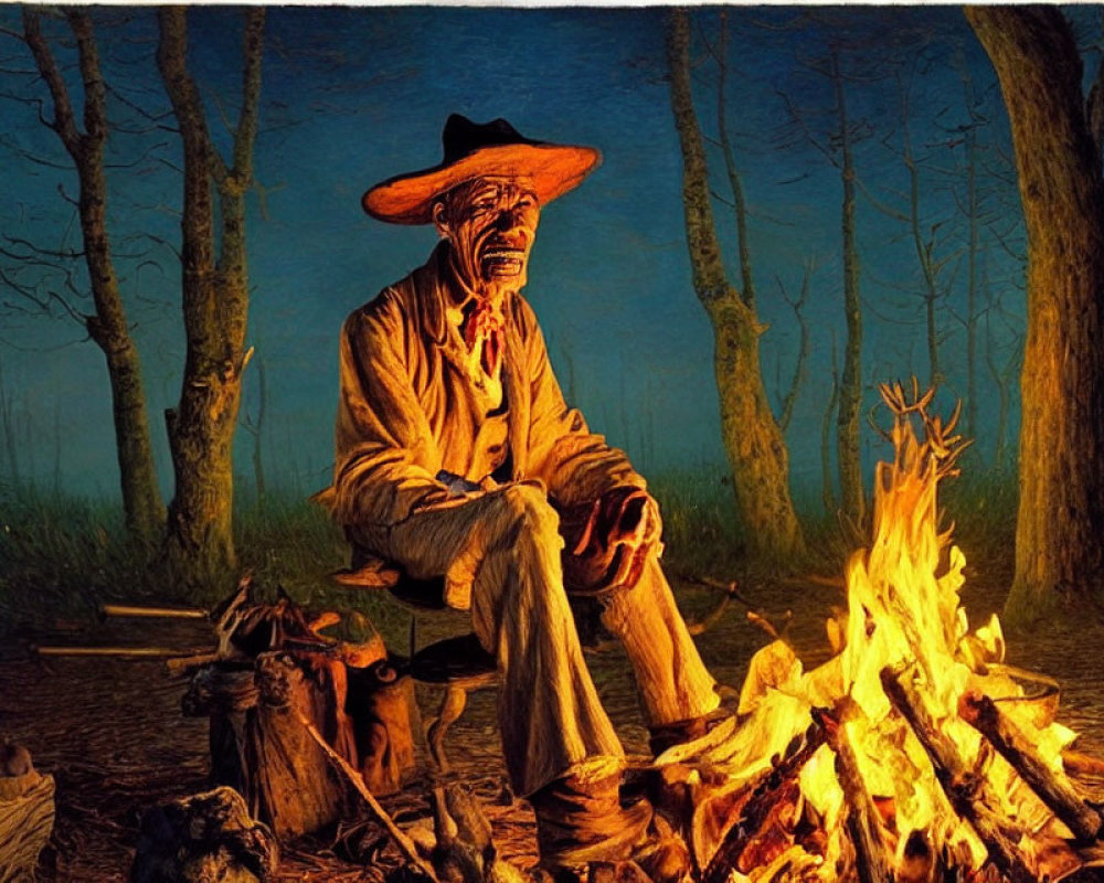 Man in wide-brimmed hat by campfire in forest at dusk