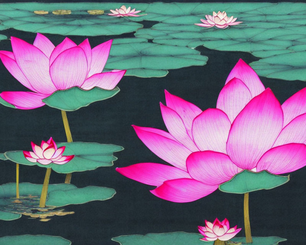 Vibrant Pink Lotus Flowers on Dark Water Surface in Asian Art Style