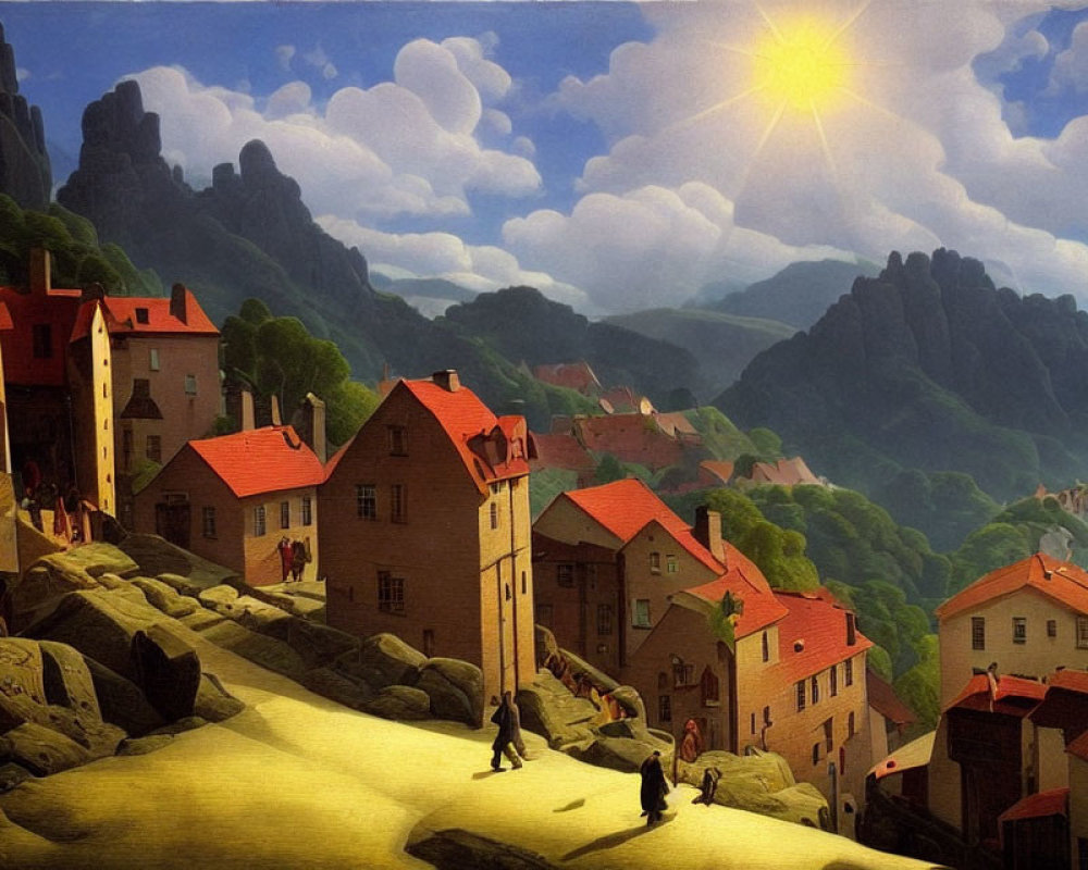 Scenic village with quaint houses, sunny skies, and towering cliffs